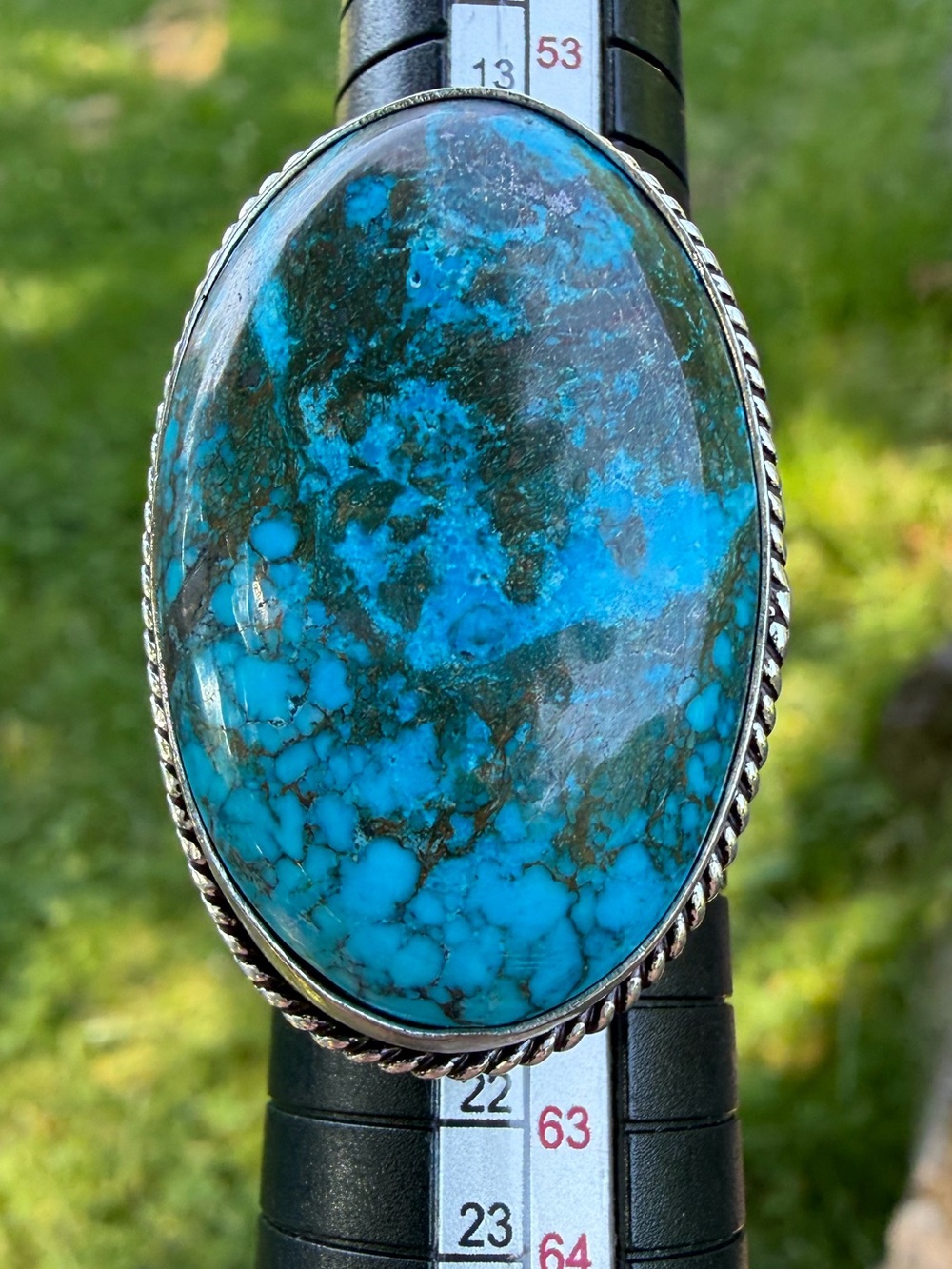 Vintage Chrysocolla Turquoise Colored Oval Silver Statement Ring - Picture 8 of 15